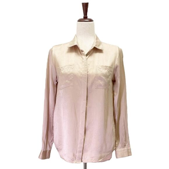 Garnet Hill 100% Silk Blouse Button Front Long Sleeve in Champagne Taupe Size 4 - Picture 1 of 13